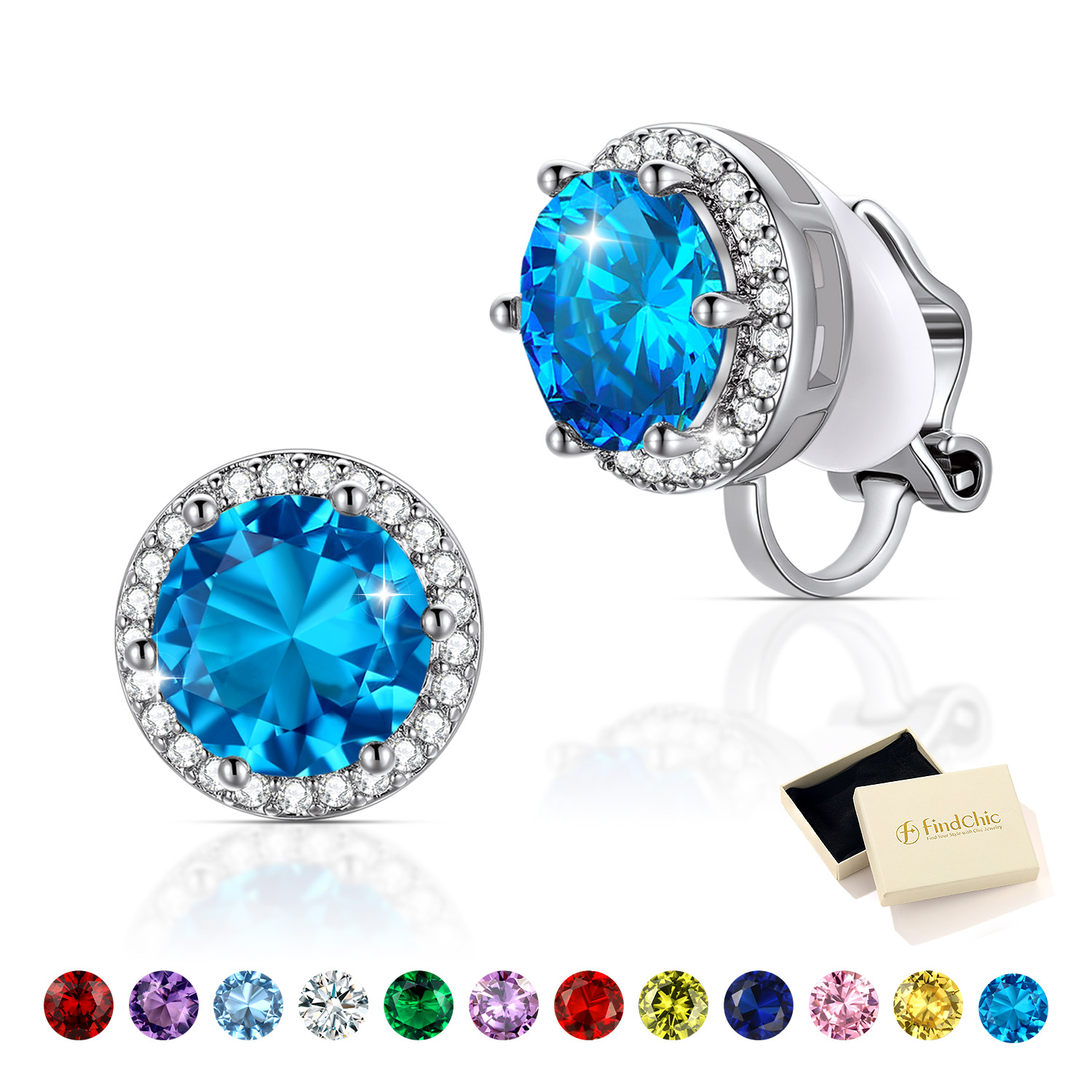 Clip On Earrings for Wome Lightweight 8MM Cubic Zirconia Non Pierced Studs Birthstone Earrings Birthday Valentines Day Jewelry Gifts for Her/Mom/Girlfriend