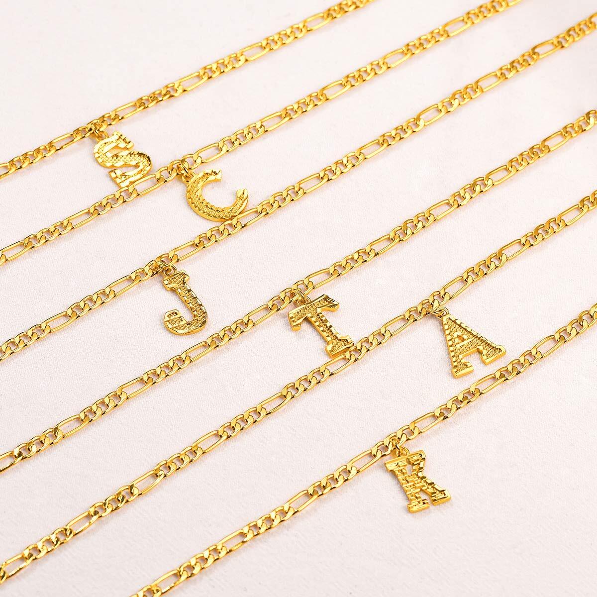 FOCALOOK Initial Necklaces for Women Men Gold Plated Capital Letter Pendant 18 Inch Figaro Chain Birthday Gift Jewelry