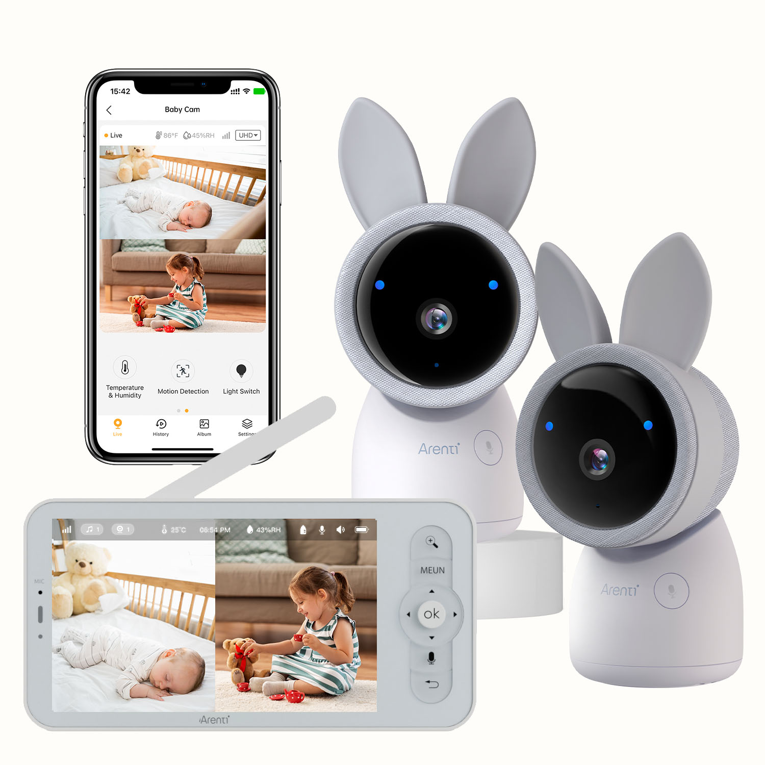 Moniteur vidéo pour bébé avec 2 caméras, écran partagé HD