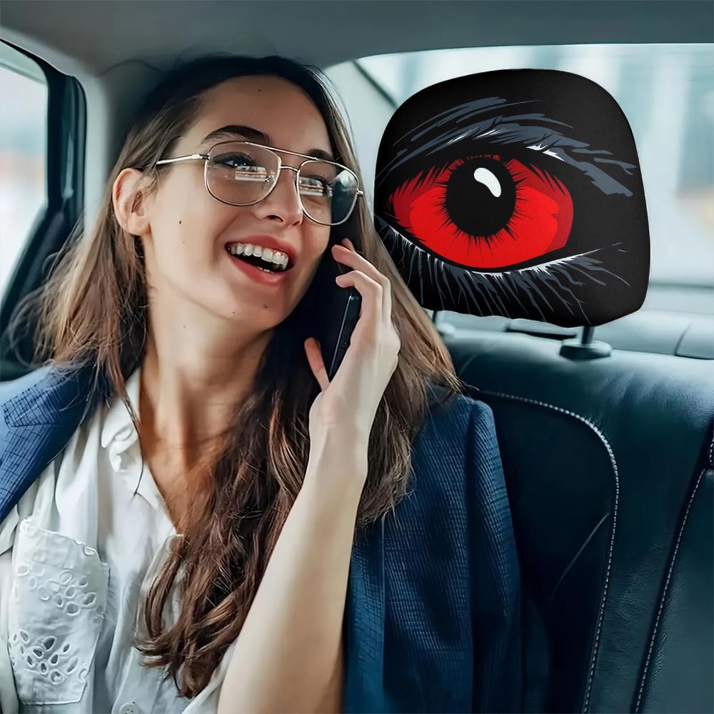2 pcs Red Devil's Eye Car Headrest Covers - Red and black Gothic design, washable, suitable for General Motors vehicles summervibes