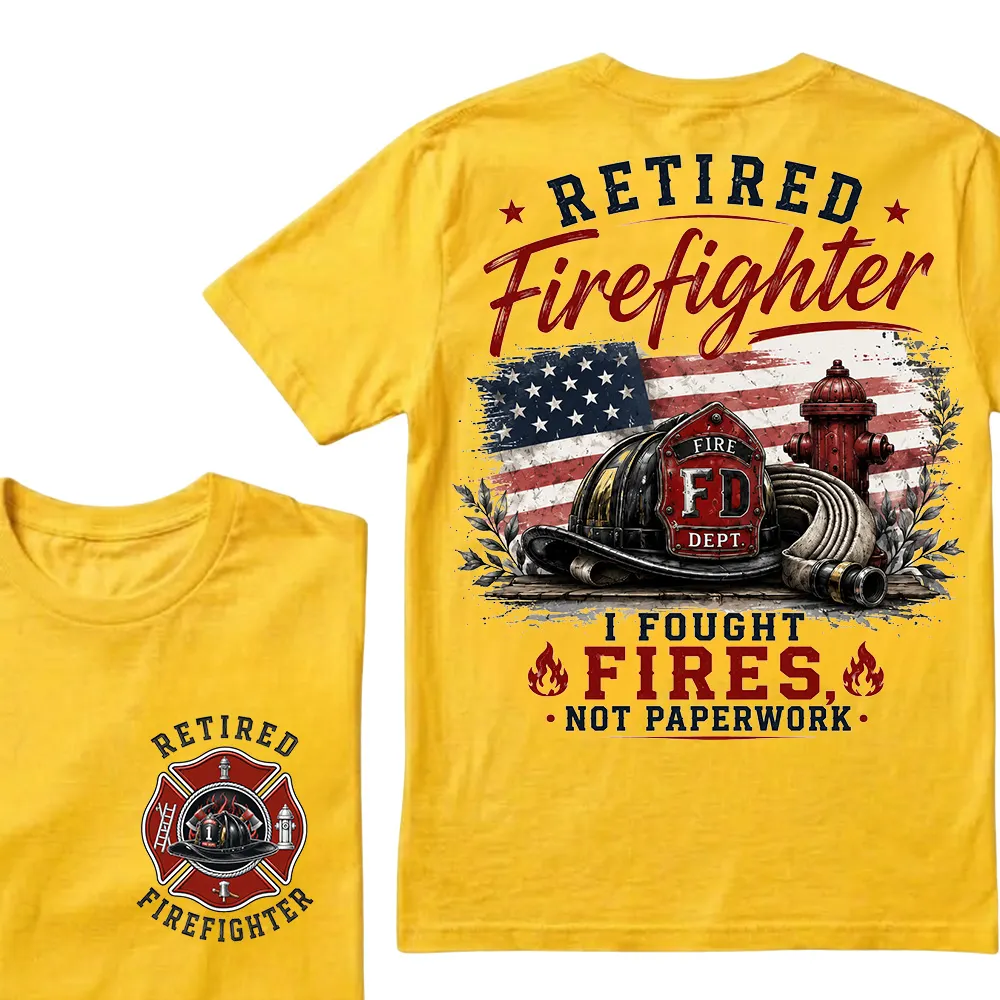 Retired Firefighter — I Fought Fires, Not Paperwork" Crew Neck T-Shirt | Fire Helmet & Hydrant Patriotic Tee