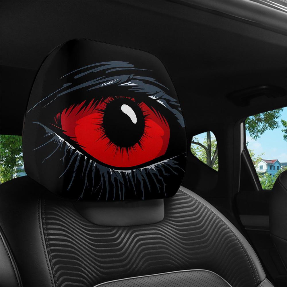 2 pcs Red Devil's Eye Car Headrest Covers - Red and black Gothic design, washable, suitable for General Motors vehicles summervibes