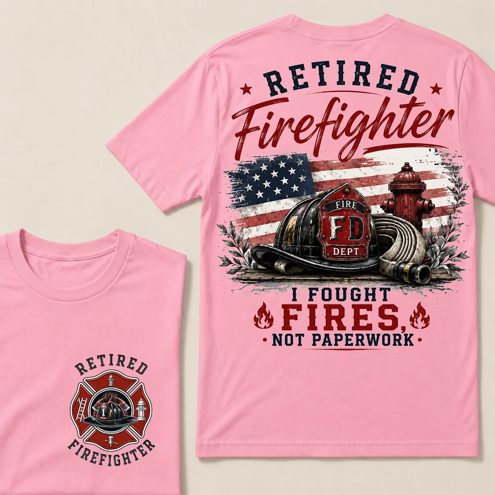 Retired Firefighter — I Fought Fires, Not Paperwork" Crew Neck T-Shirt | Fire Helmet & Hydrant Patriotic Tee