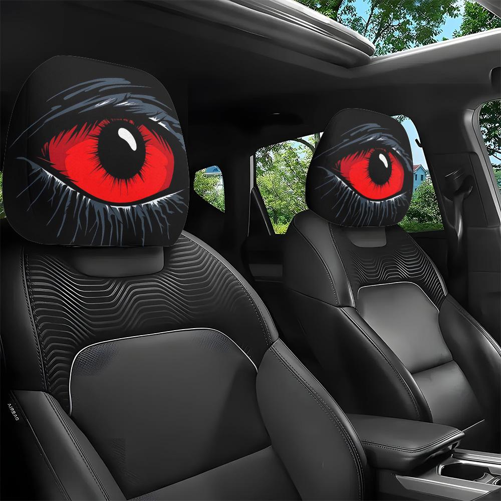 2 pcs Red Devil's Eye Car Headrest Covers - Red and black Gothic design, washable, suitable for General Motors vehicles summervibes