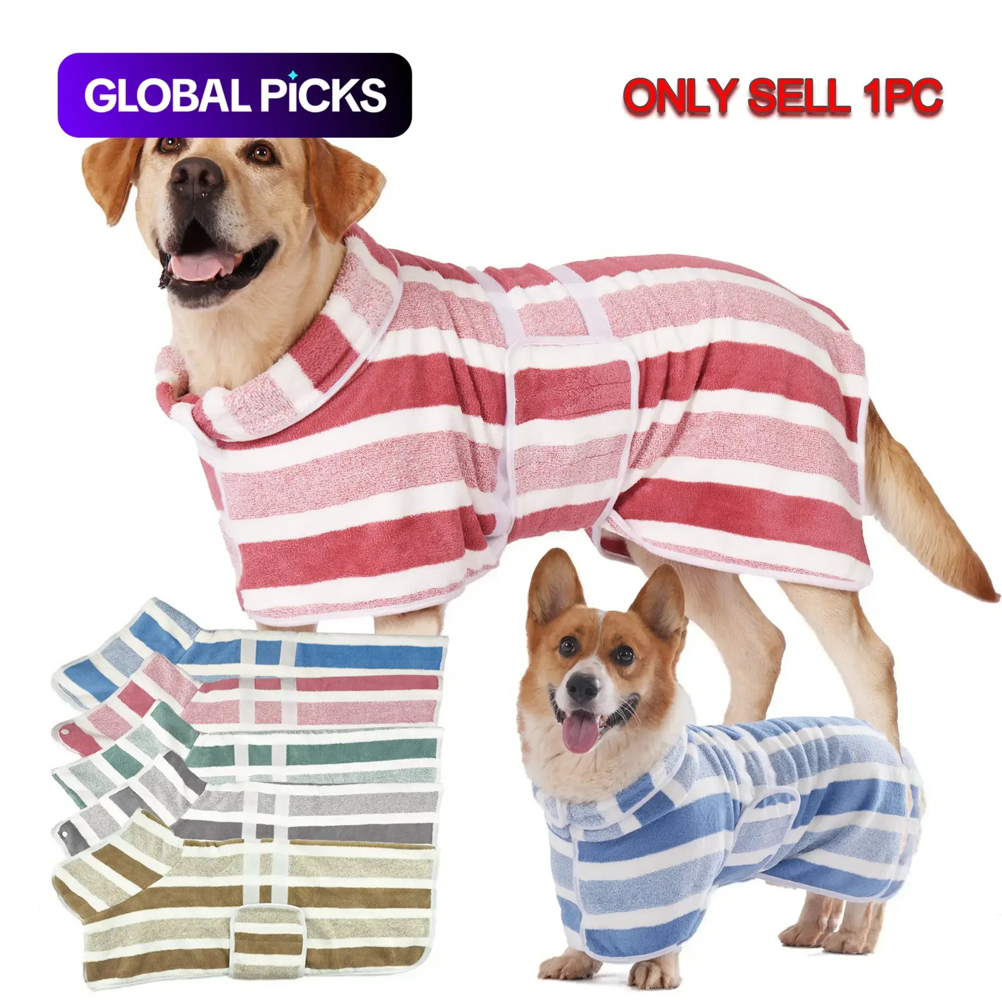 Quick-Drying Dog Bathrobe, 1-Piece Striped Pet Dressing Gown with Adjustable Belly Band, Super-Absorbent Super-Soft Fabric