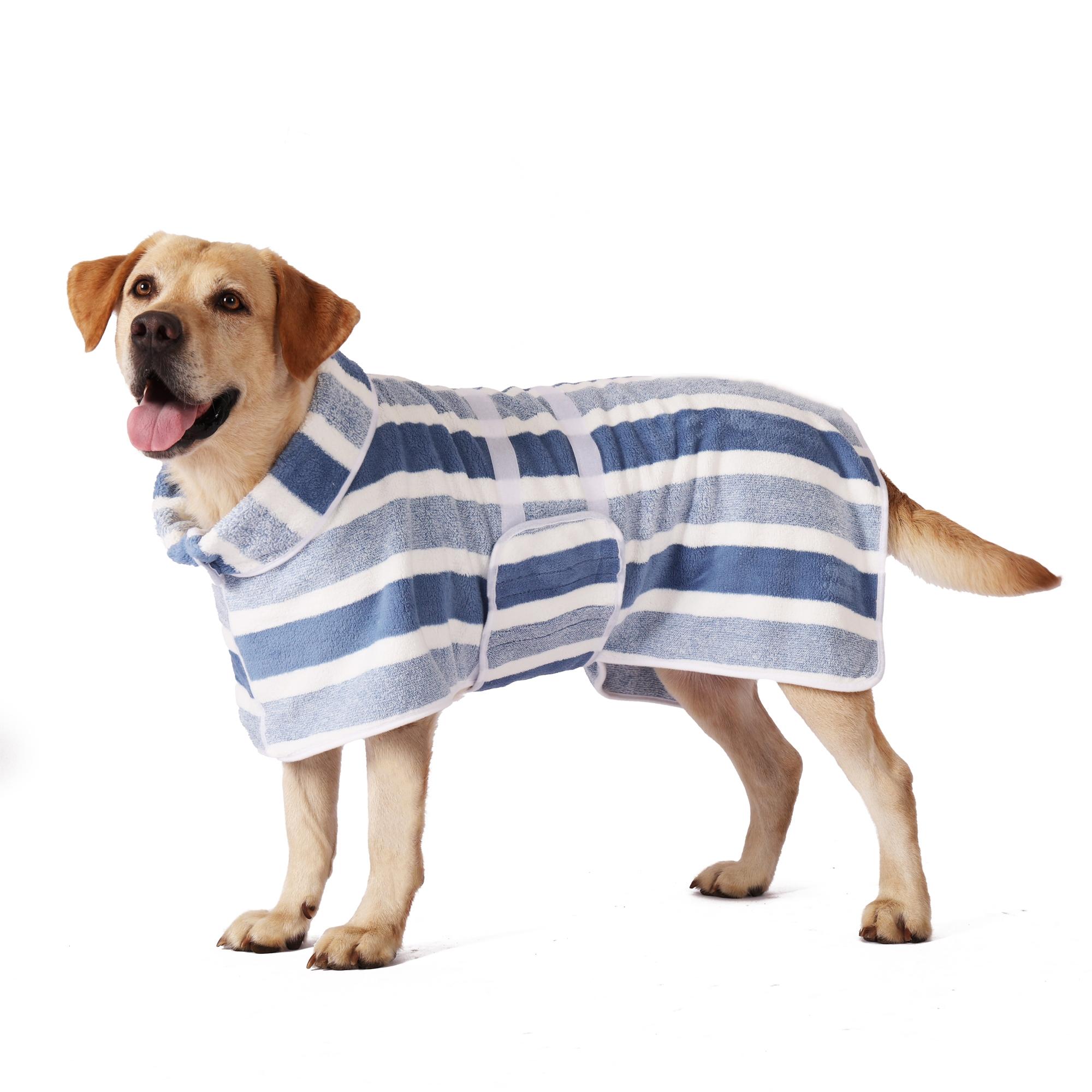 Quick-Drying Dog Bathrobe, 1-Piece Striped Pet Dressing Gown with Adjustable Belly Band, Super-Absorbent Super-Soft Fabric