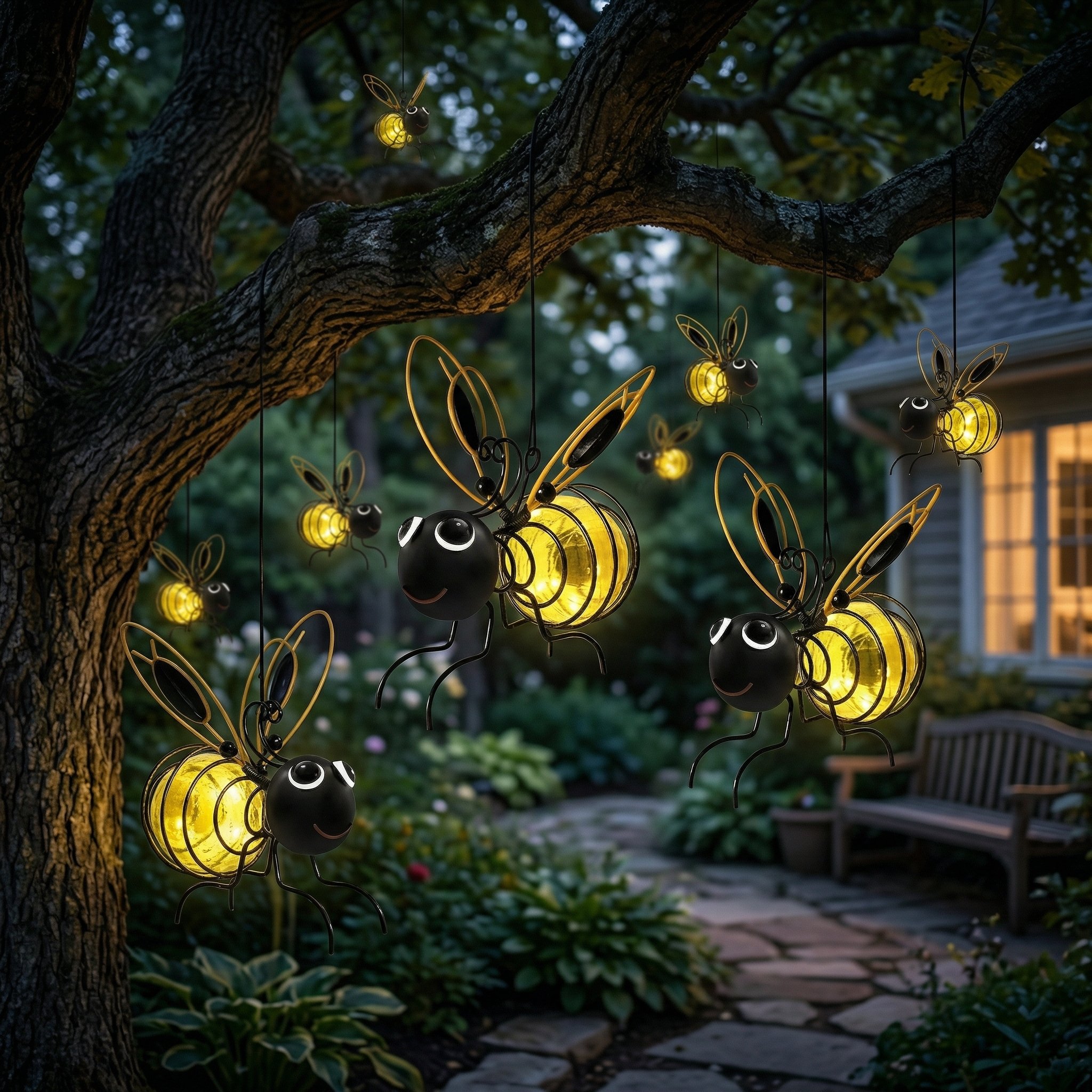 🐝Solar Bee Lanterns for Outdoors – 2-in-1 Hanging Crackle Glass Garden Lights, Waterproof Yard Decor