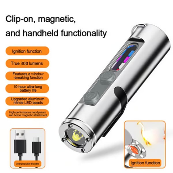 🔦Pocket Rechargeable EDC Flashlight: Mini Keychain Light with Fire Starter & Window Breaker - Silver（Lights only）