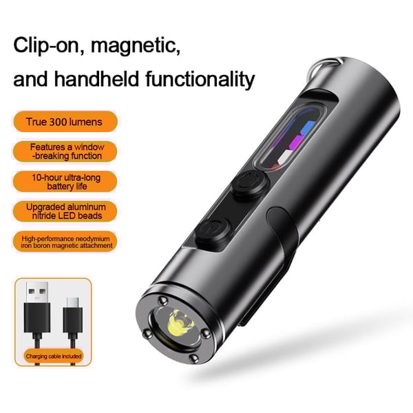 🔦Pocket Rechargeable EDC Flashlight: Mini Keychain Light with Fire Starter & Window Breaker - Silver（Lights only）