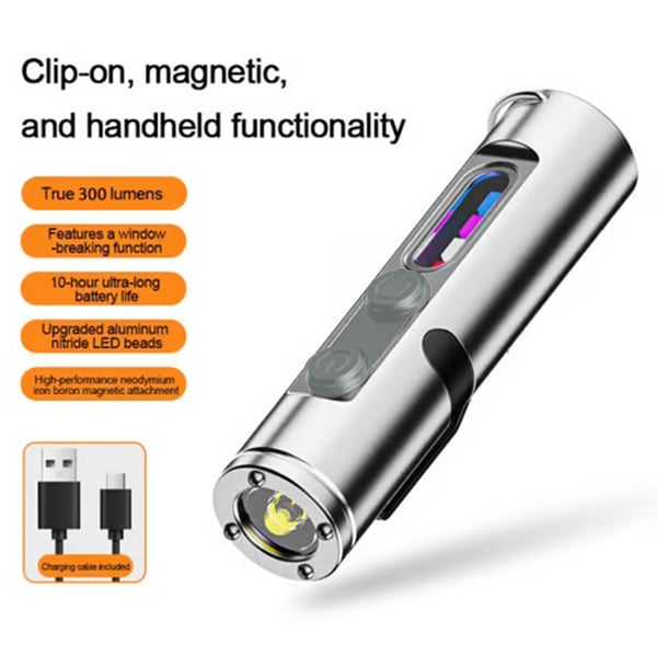 🔦Pocket Rechargeable EDC Flashlight: Mini Keychain Light with Fire Starter & Window Breaker - Silver（Lights only）