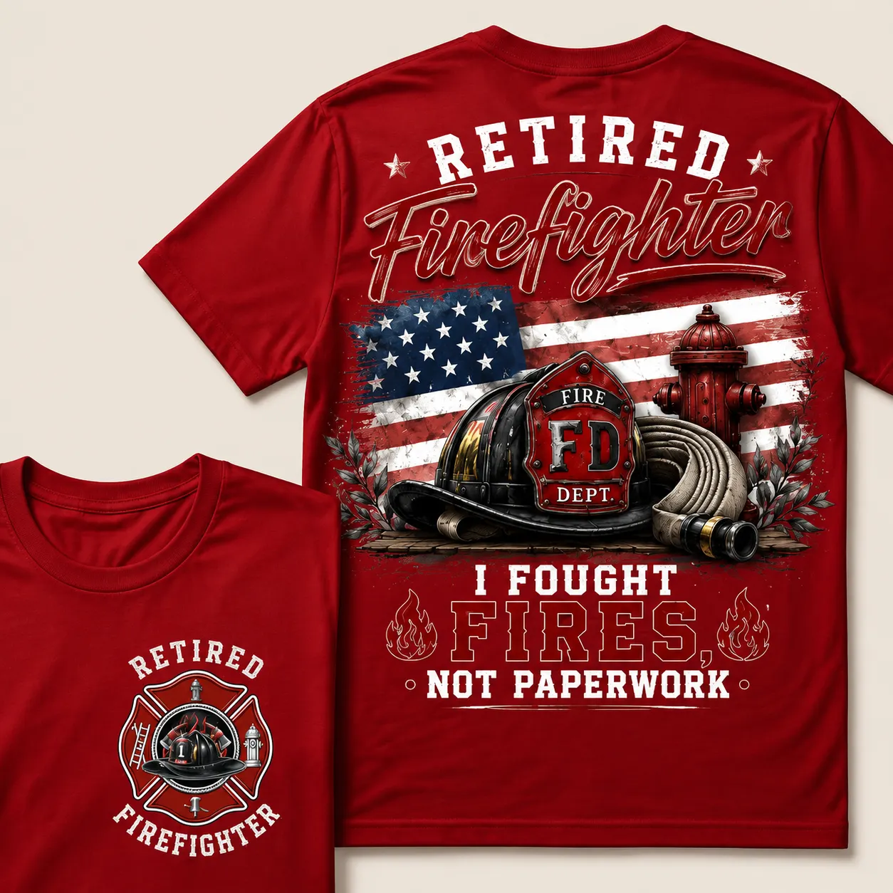 Retired Firefighter — I Fought Fires, Not Paperwork" Crew Neck T-Shirt | Fire Helmet & Hydrant Patriotic Tee