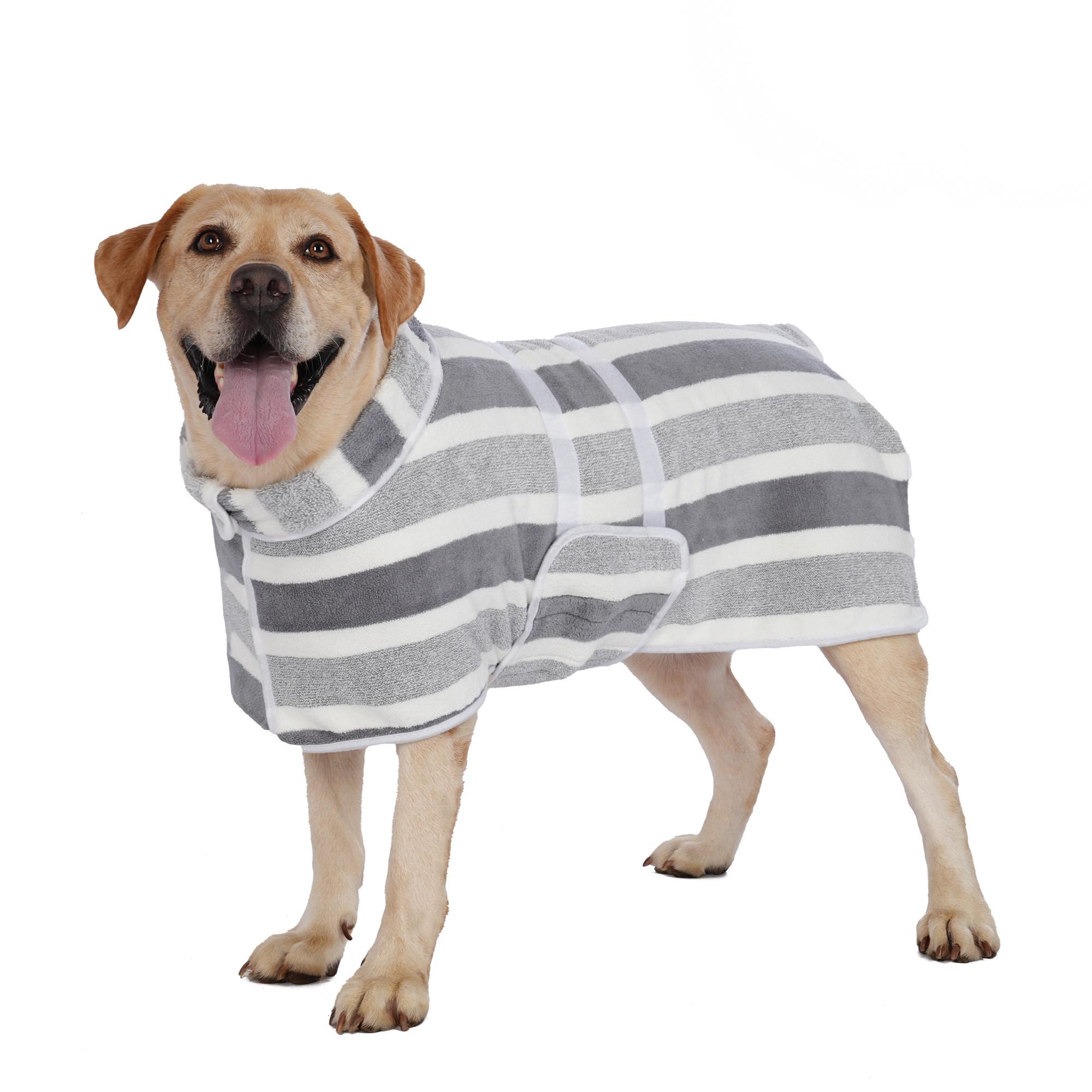 Quick-Drying Dog Bathrobe, 1-Piece Striped Pet Dressing Gown with Adjustable Belly Band, Super-Absorbent Super-Soft Fabric