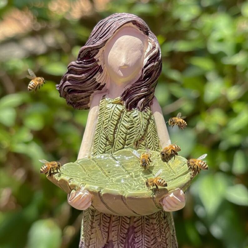 Garden Girl Sculpture: Bee & Butterfly Water Feeder