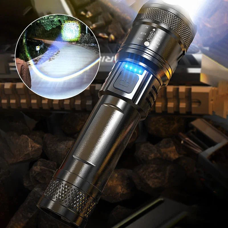 Premium LED flashlight for auto tools and homeware, displaying powerful beam and blue indicator lights