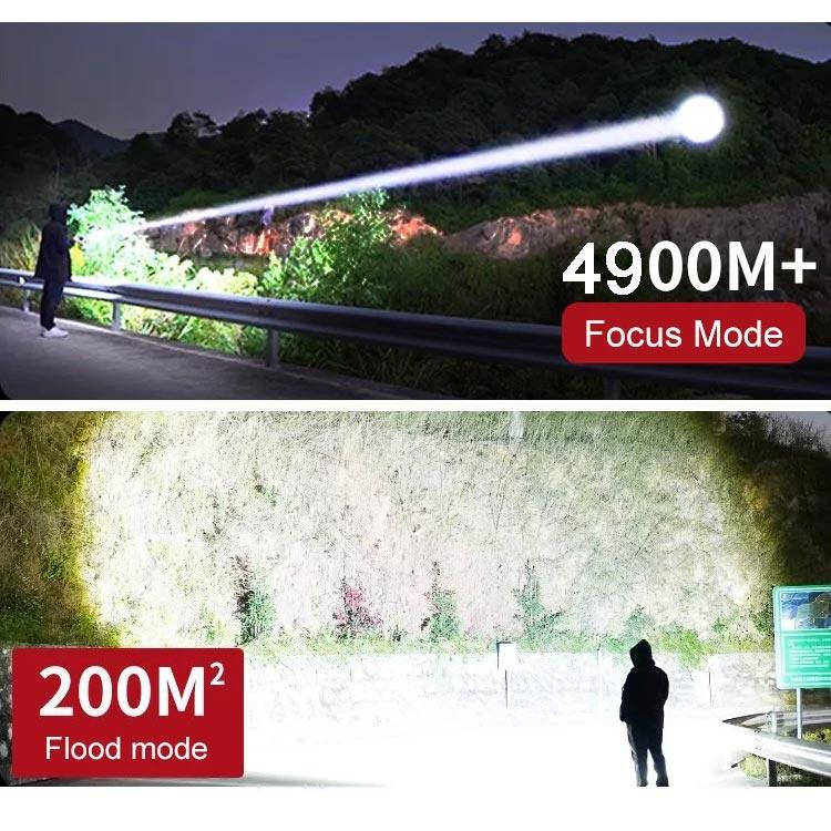 Person outdoors using powerful flashlight in focus and flood modes, bright beam over long distance