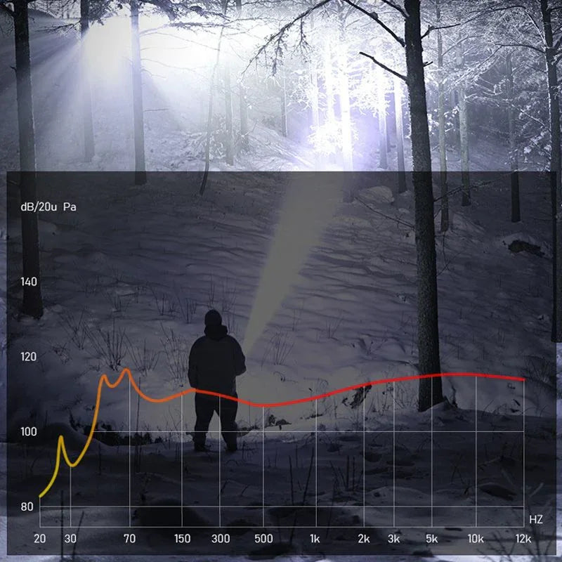 Person with flashlight in snowy forest at night, light beams, audio frequency graph overlay