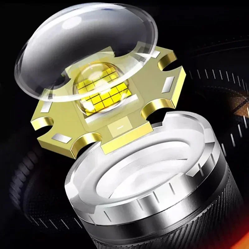 Close-up of high-power LED flashlight chip with lens, premium auto tool from clarioy