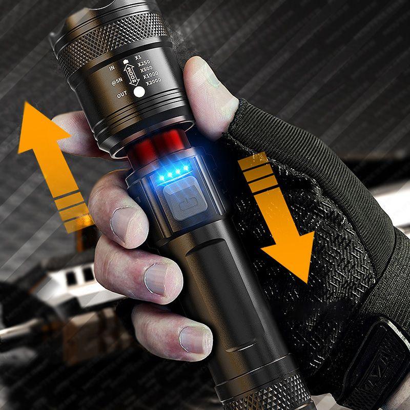 Hand holding rechargeable LED flashlight with zoom focus, clarioy premium auto tool