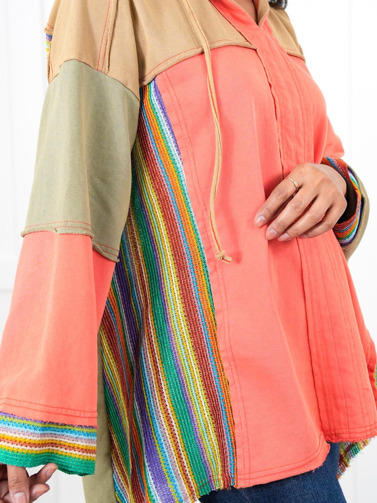 Colorblock long sleeve top with rainbow crochet details