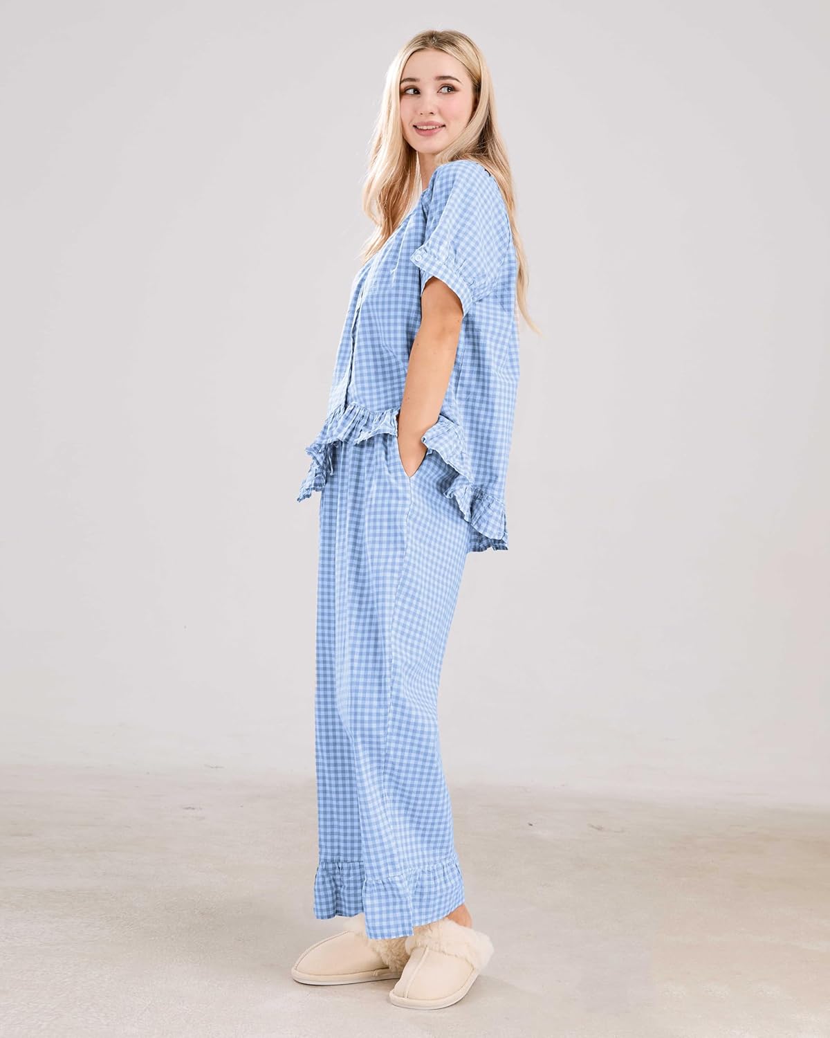 Womens Gingham Pajama Set 2 Piece Short Sleeve Babydoll Shirt and Pants Lounge Set (BUY 2 FREE SHIPPING)