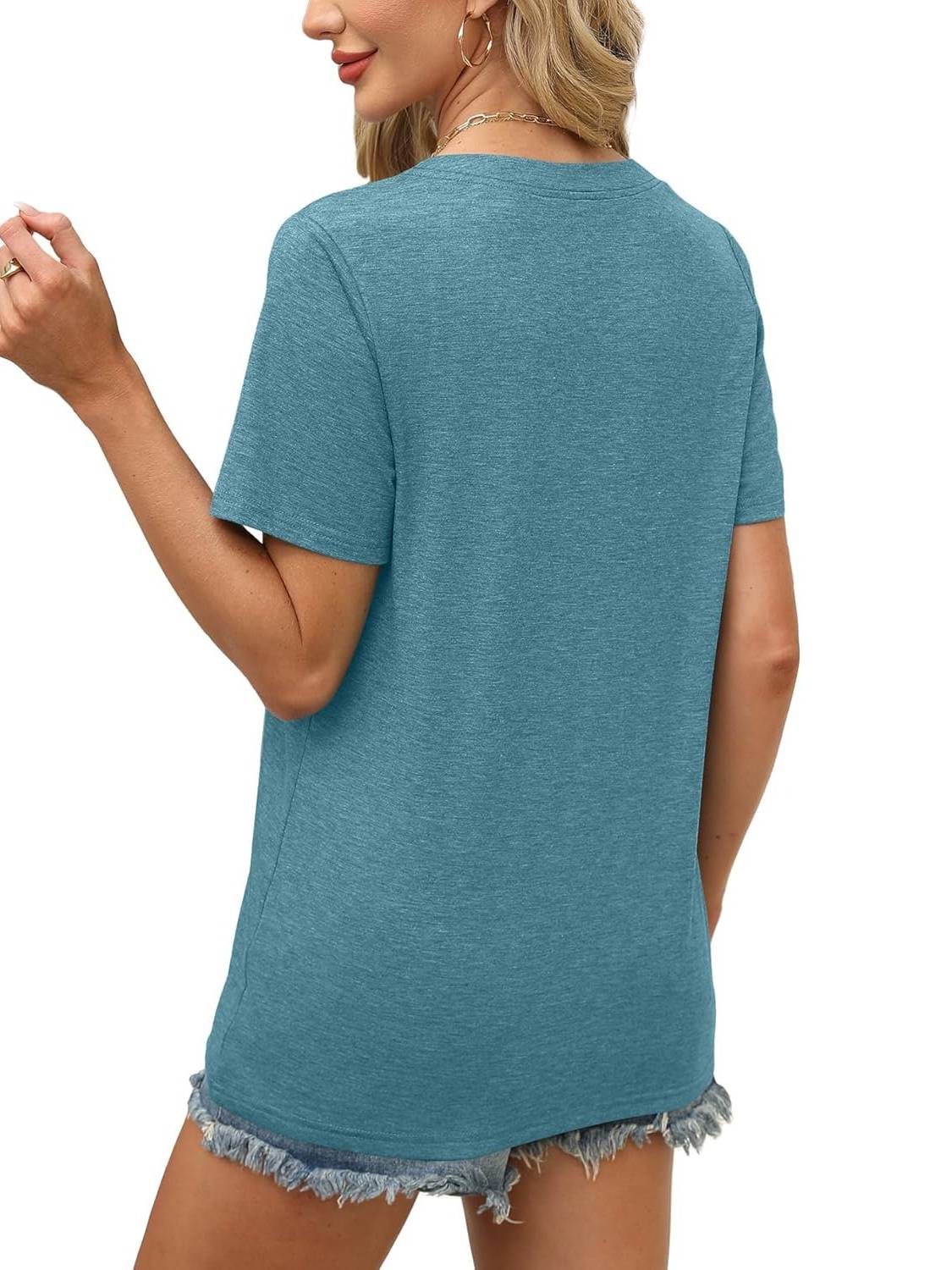 Womens Short Sleeve V Neck Casual Loose Fit T-shirts 