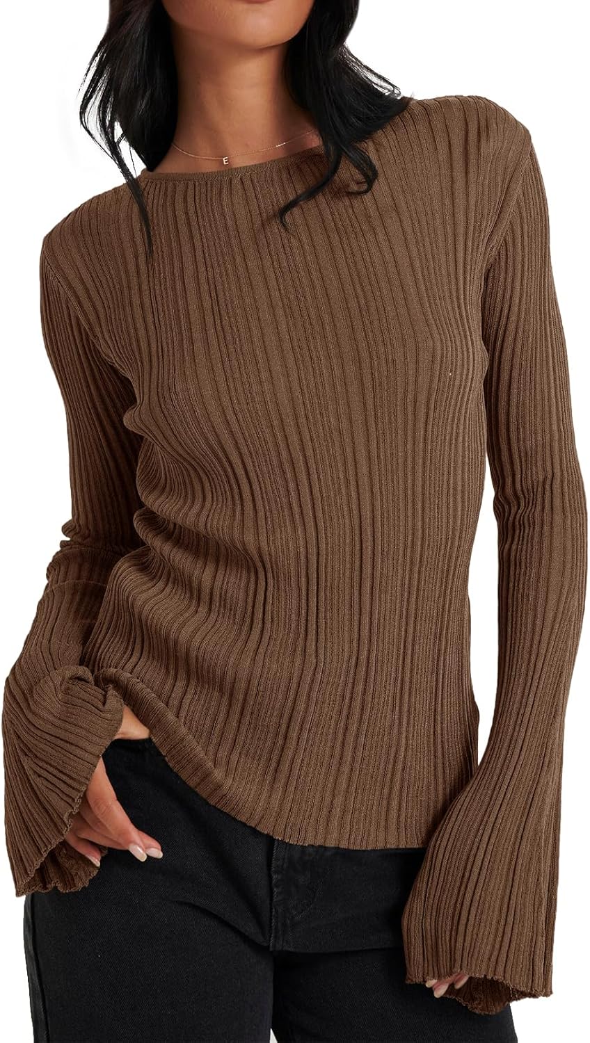 Womens Bell Long Sleeve Knit Tops Lightweight Pullover Sweaters