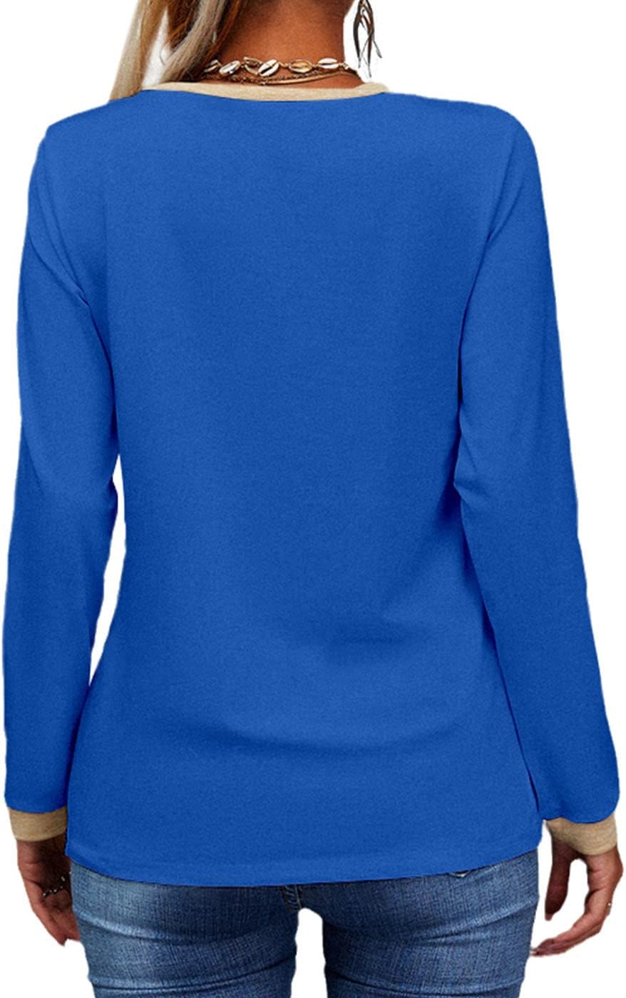 Womens Long Sleeve T Shirts Casual V Neck Color Block Tunic Tops