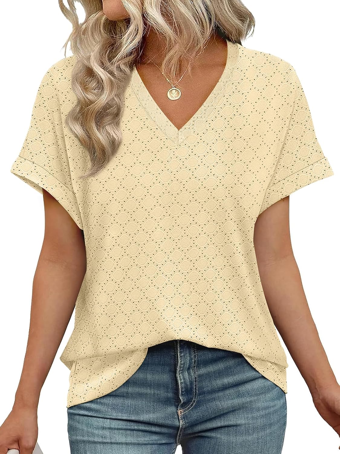 Women's V Neck Eyelet Dressy Casual Basic Short Sleeve Tees