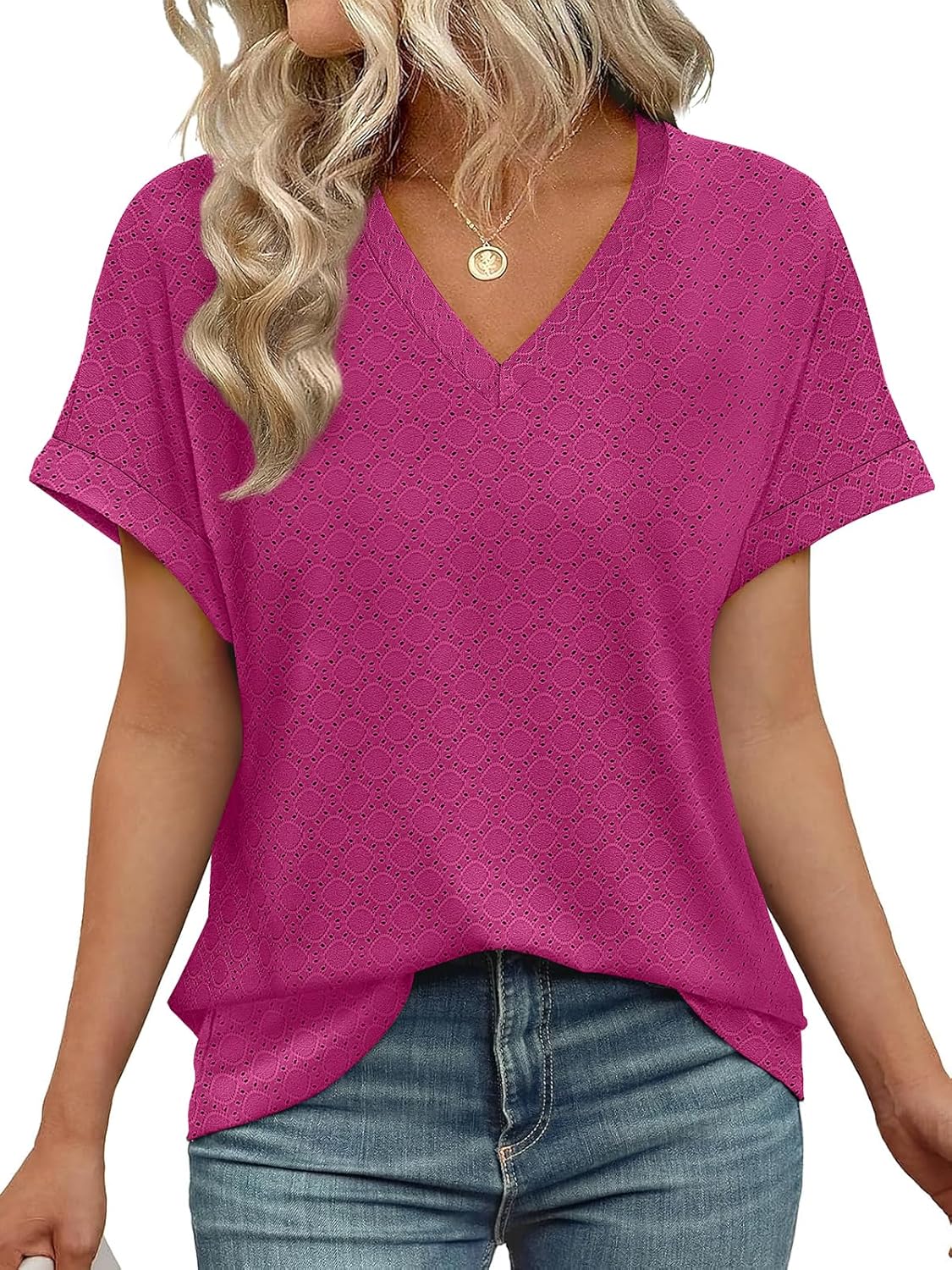 Women's V Neck Eyelet Dressy Casual Basic Short Sleeve Tees