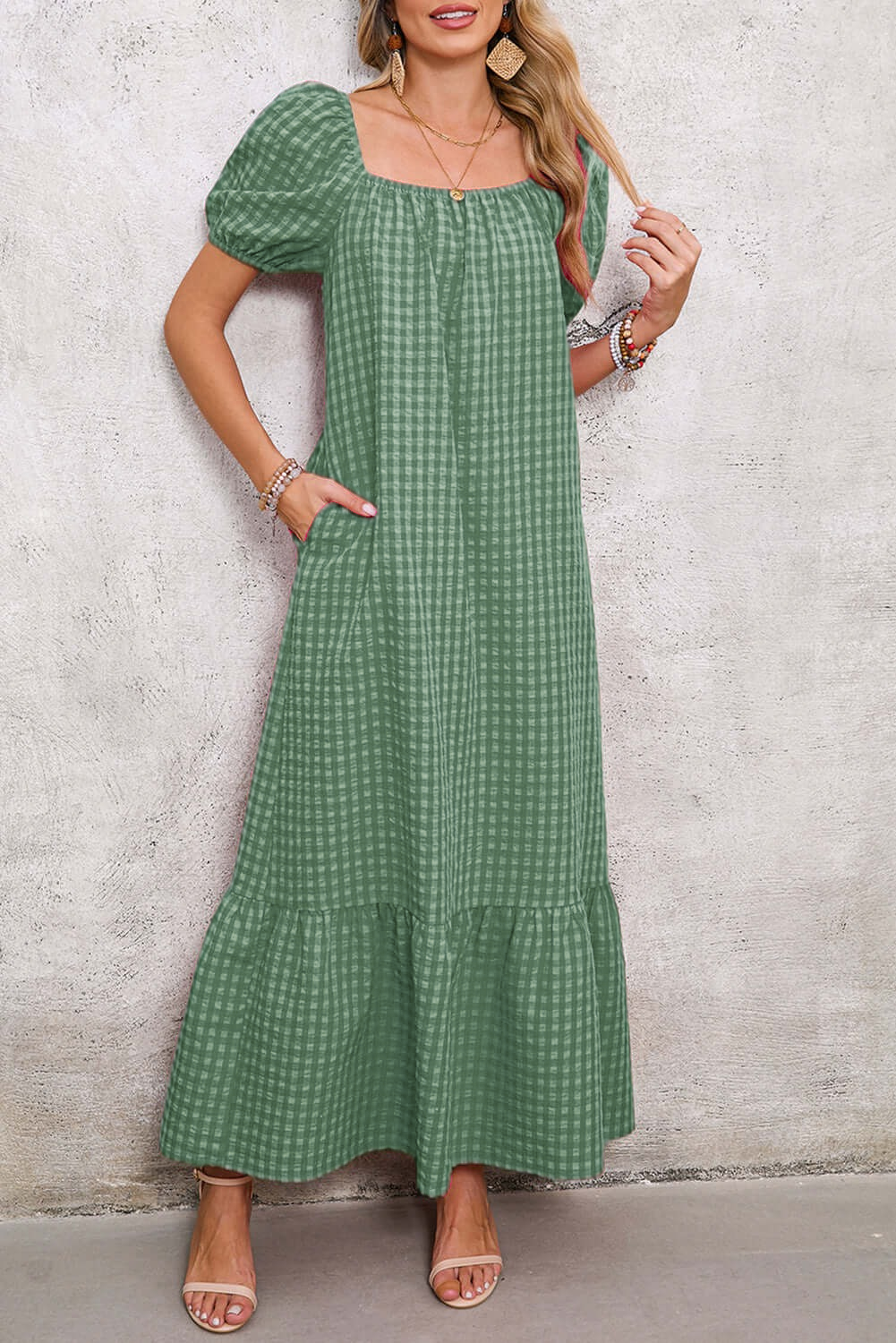 Women's Puff Sleeve Square Neck Check Maxi Dress（Buy 2 Free Shipping)