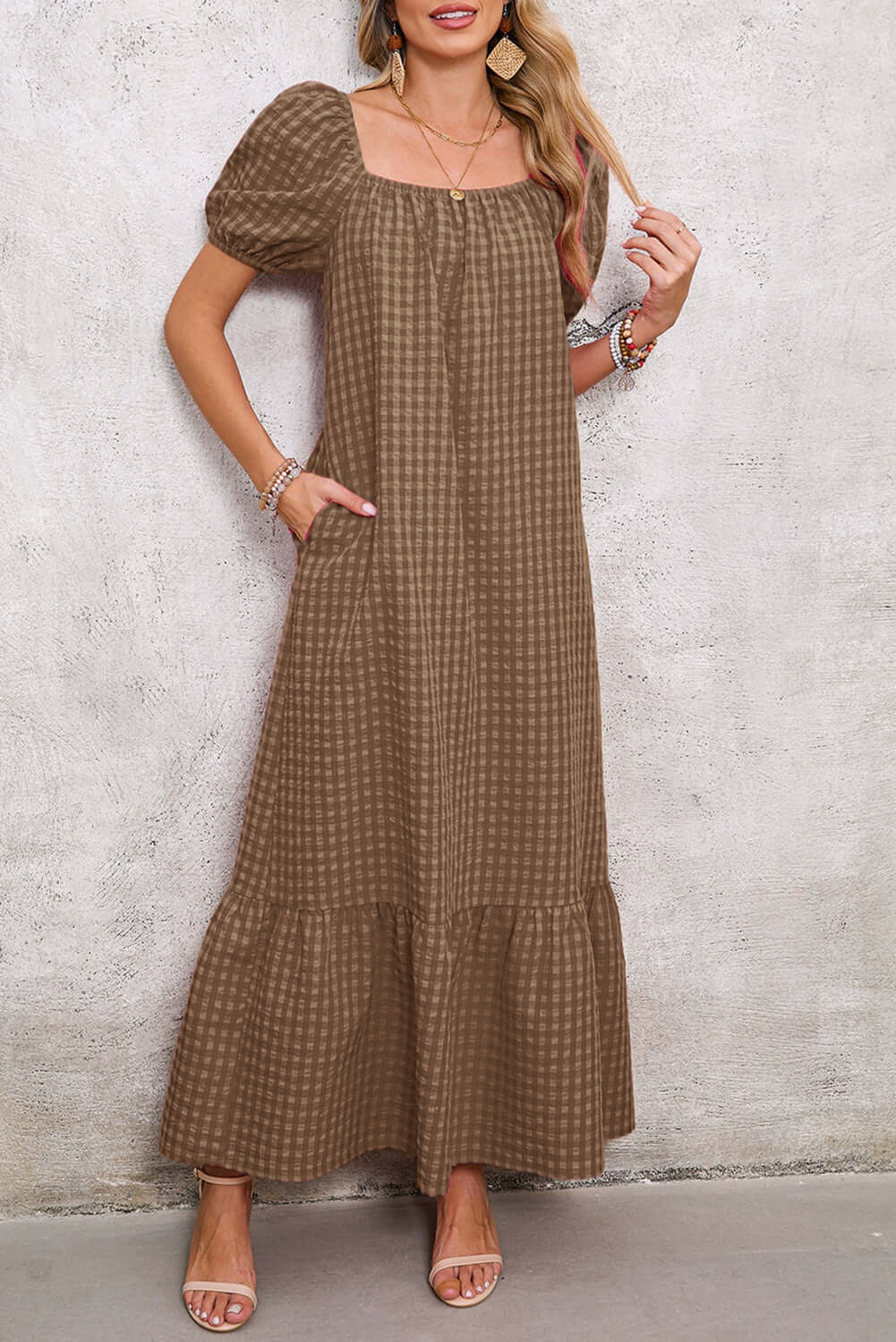 Women's Puff Sleeve Square Neck Check Maxi Dress（Buy 2 Free Shipping)