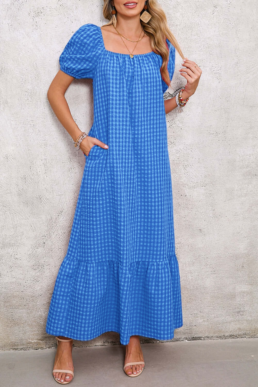 Women's Puff Sleeve Square Neck Check Maxi Dress（Buy 2 Free Shipping)