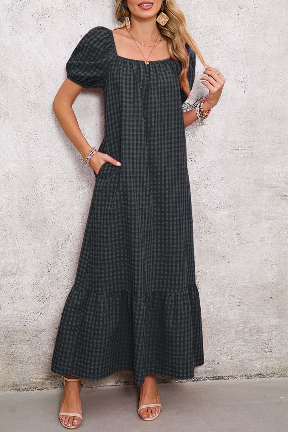 Women's Puff Sleeve Square Neck Check Maxi Dress（Buy 2 Free Shipping)