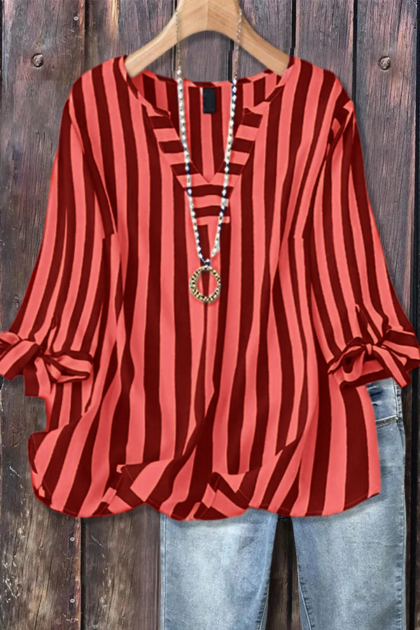 Women's Casual Striped V-Neck Tied Sleeve Top  Versatile Blouse(BUY 2 FREE SHIPPING)