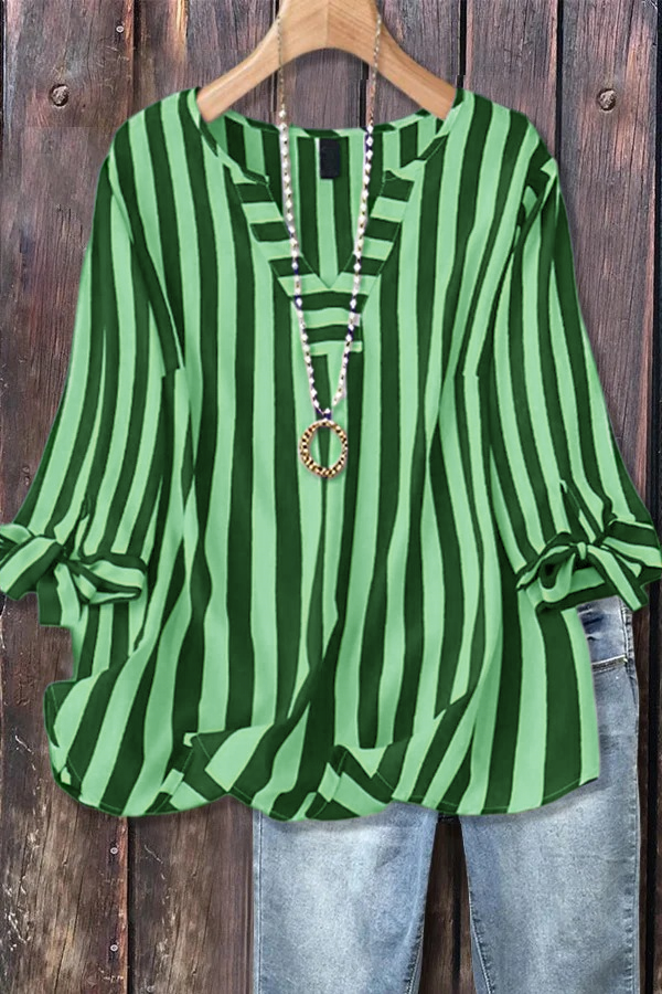 Women's Casual Striped V-Neck Tied Sleeve Top  Versatile Blouse(BUY 2 FREE SHIPPING)