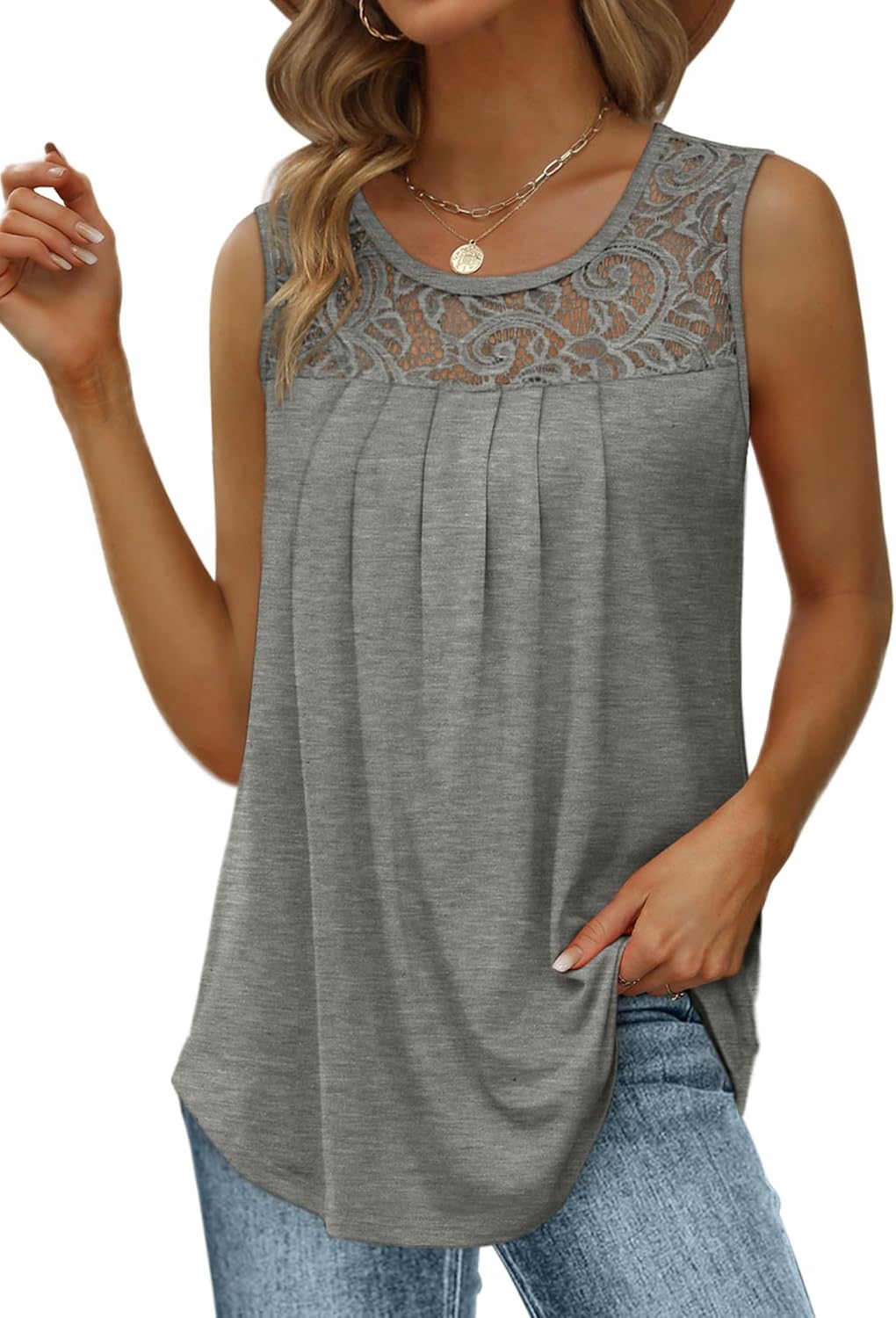 Women's Loose Fit Pleated Scoop Neck Sleeveless Lace Tank Tops (Buy 3 Free Shipping)