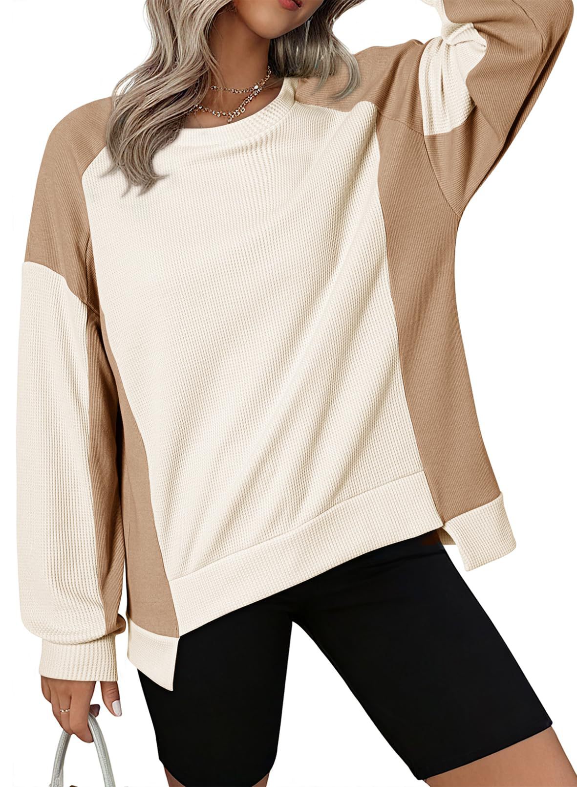 Women's Oversized  Waffle Knit Crewneck Long Sleeve Sweatshirts (Buy 2 Free Shipping)