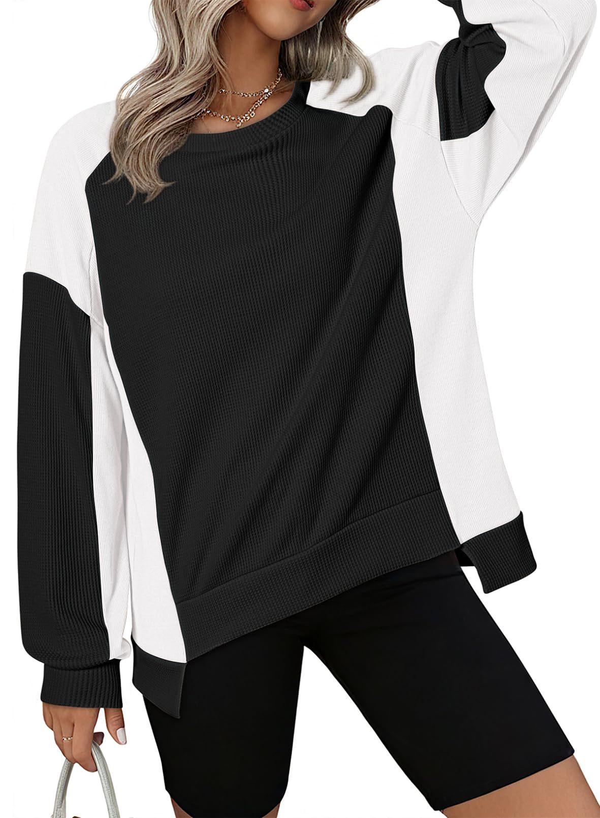 Women's Oversized  Waffle Knit Crewneck Long Sleeve Sweatshirts (Buy 2 Free Shipping)