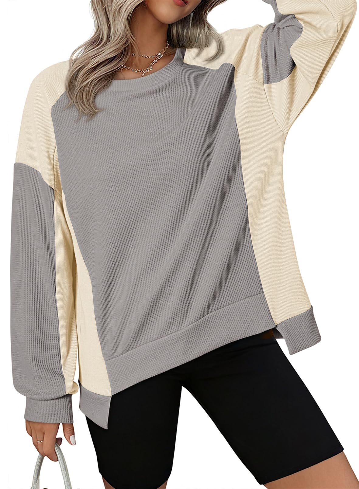 Women's Oversized  Waffle Knit Crewneck Long Sleeve Sweatshirts (Buy 2 Free Shipping)