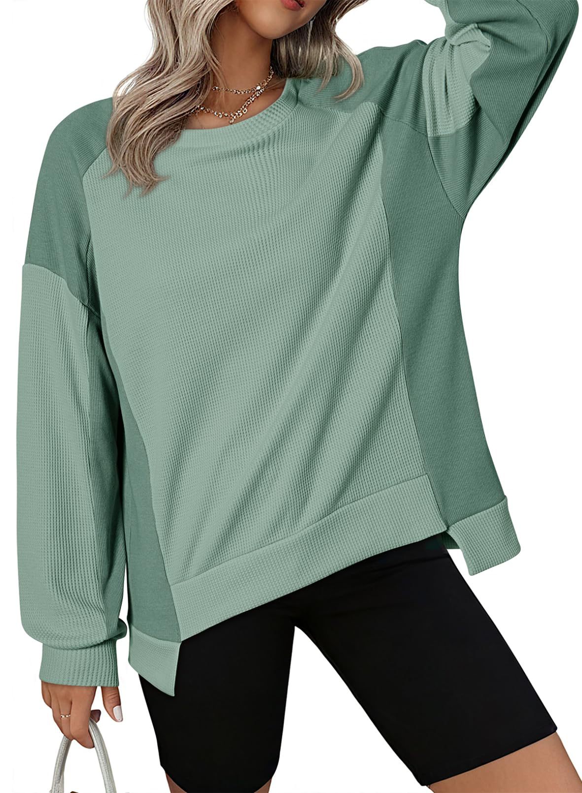 Women's Oversized  Waffle Knit Crewneck Long Sleeve Sweatshirts (Buy 2 Free Shipping)