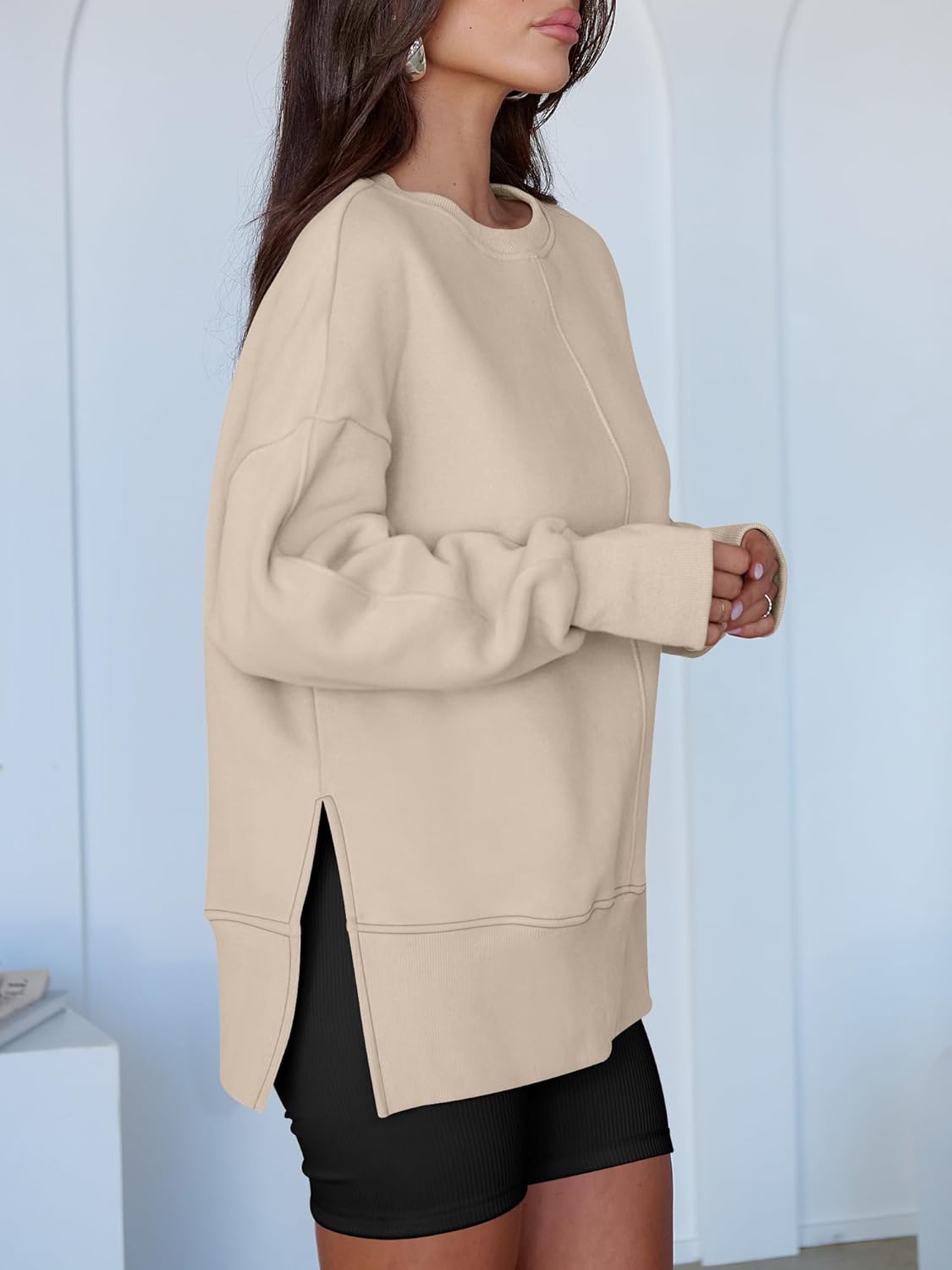 Womens Oversized Thumbhole Long Sleeve Side Slit Pullover Top