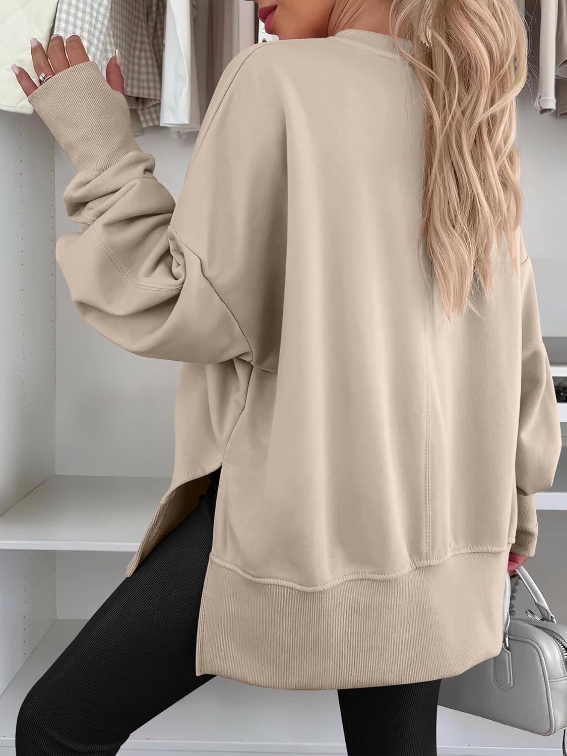 Womens Oversized Thumbhole Long Sleeve Side Slit Pullover Top