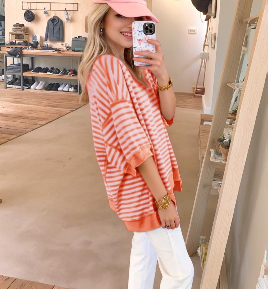 Womens Oversized Striped Color Block Casual Half Sleeve Tops