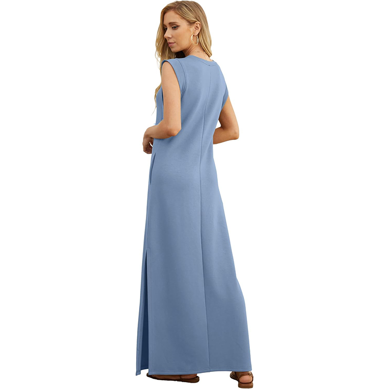 2024 Women Summer Crew Neck Casual Loose Split Wrinkle-Free Long Maxi Beach Dress with Pockets (⏰OFF 30% TODAY)