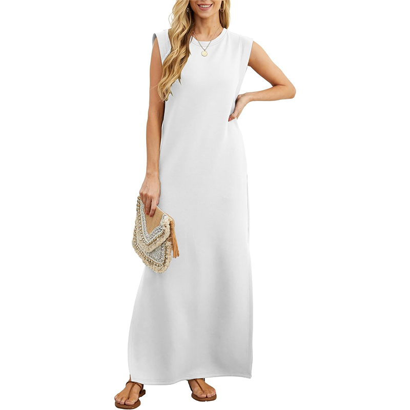 2024 Women Summer Crew Neck Casual Loose Split Wrinkle-Free Long Maxi Beach Dress with Pockets (⏰OFF 30% TODAY)