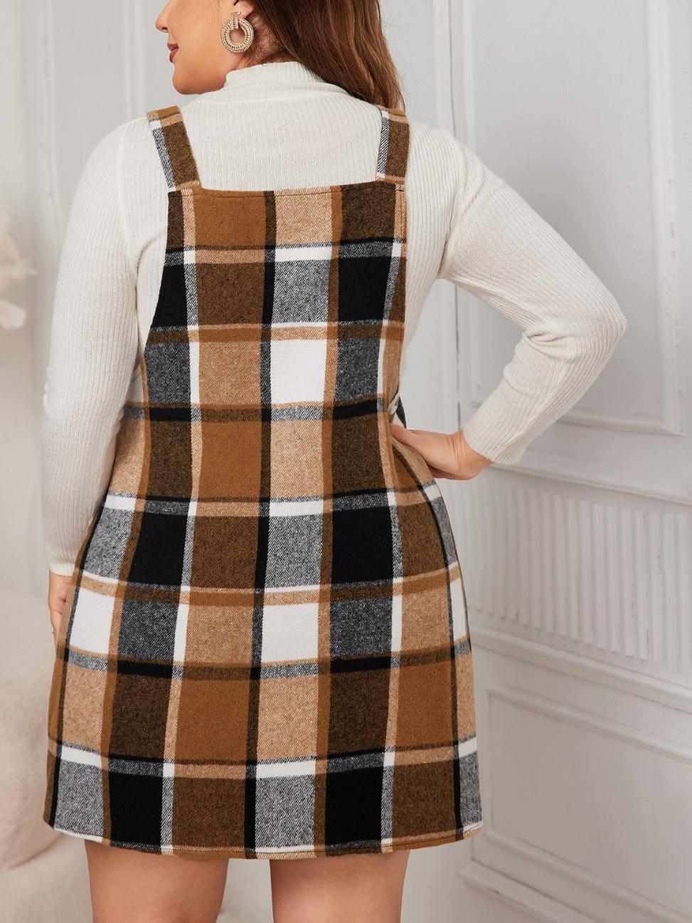 Plus Size Plaid Print Pocket Pinafore Dress