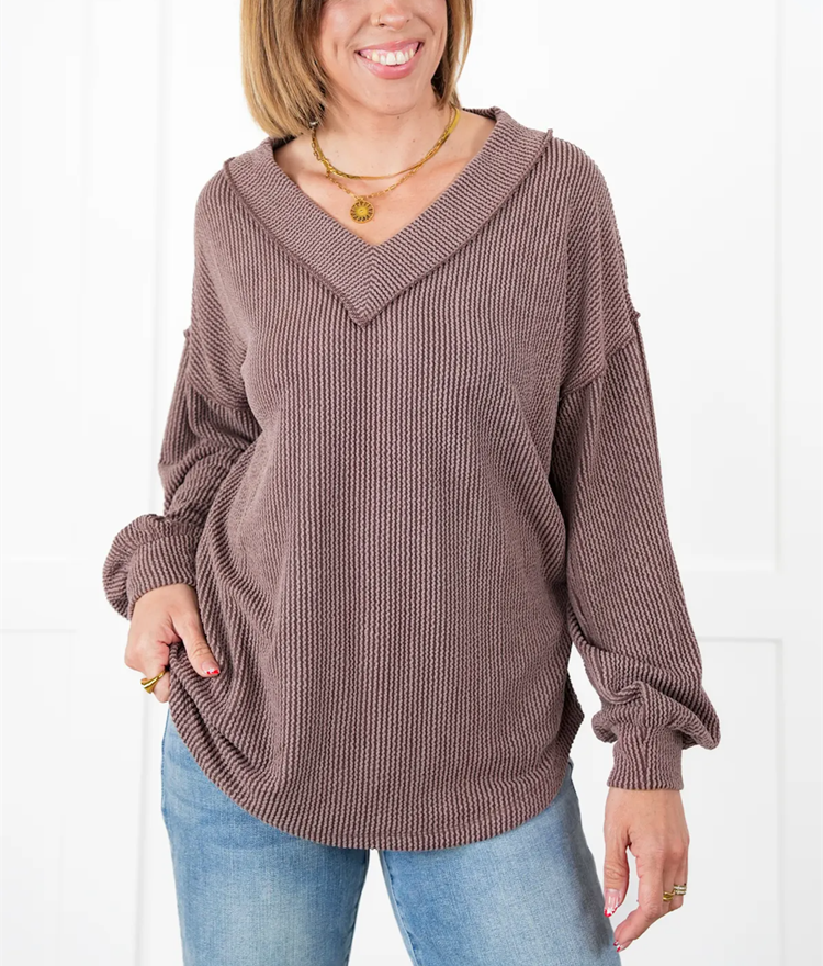 Ribbed Long Sleeve V-Neck Pullover Top