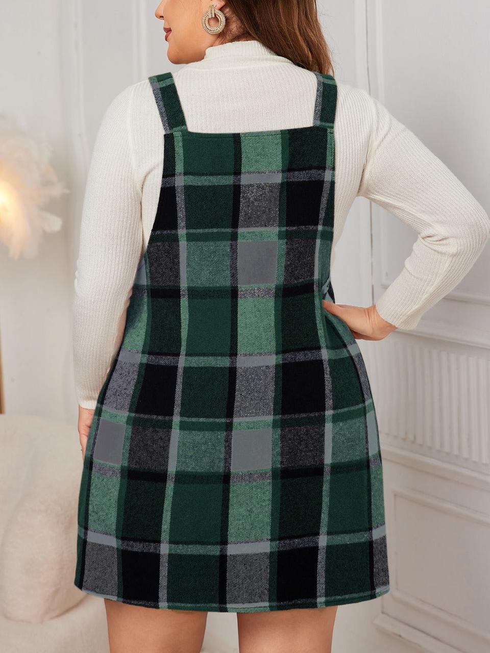 Plus Size Plaid Print Pocket Pinafore Dress