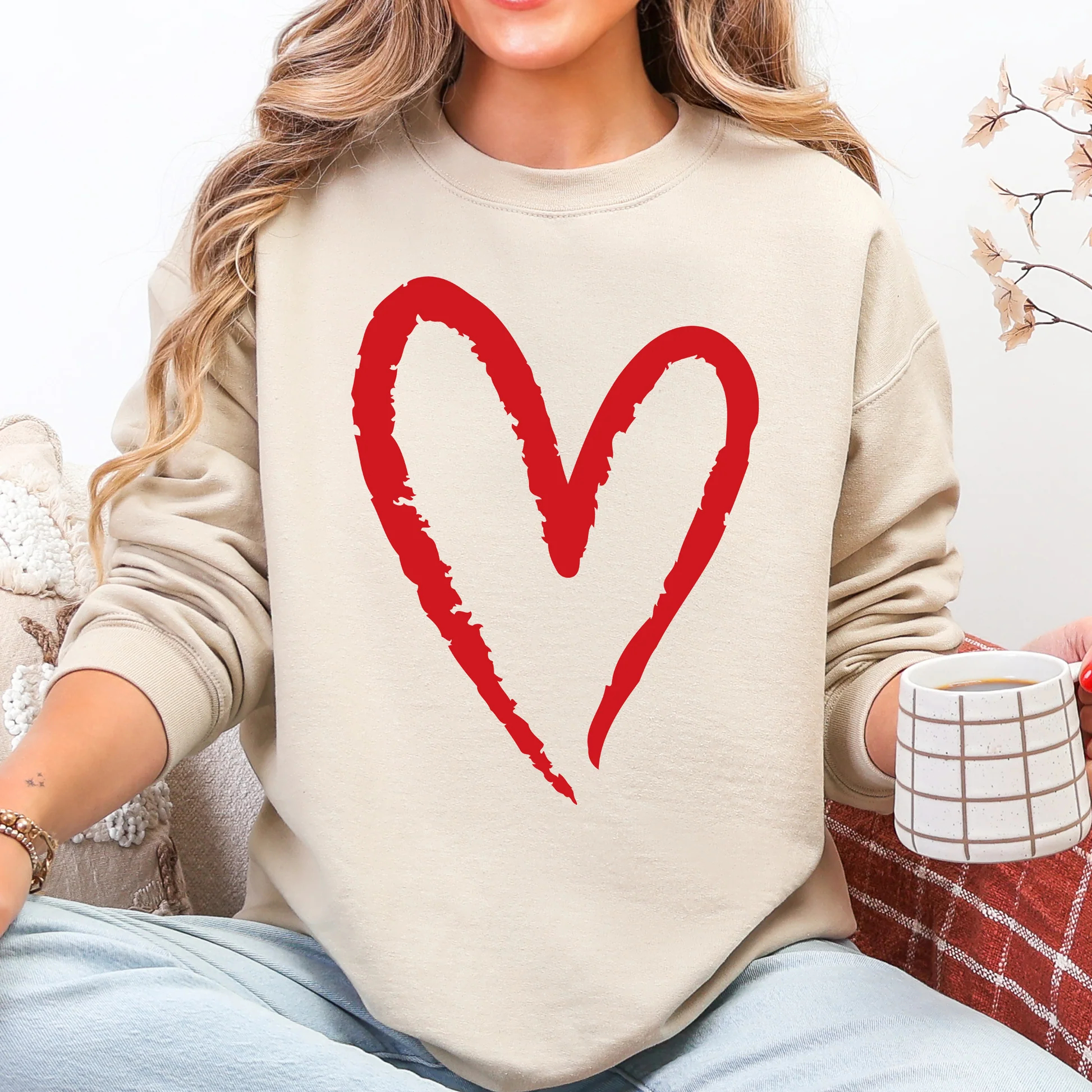Womens Valentine Day Heart Print Crew Neck Sweatshirt