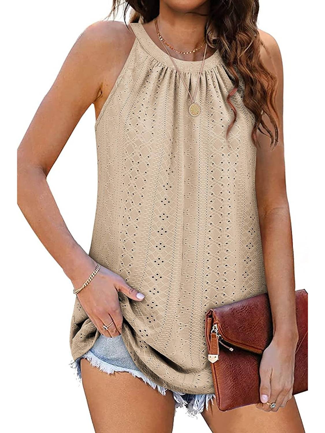 Women Casual Pleated Eyelet Loose Fit High Neck Sleeveless Halter Tank Tops